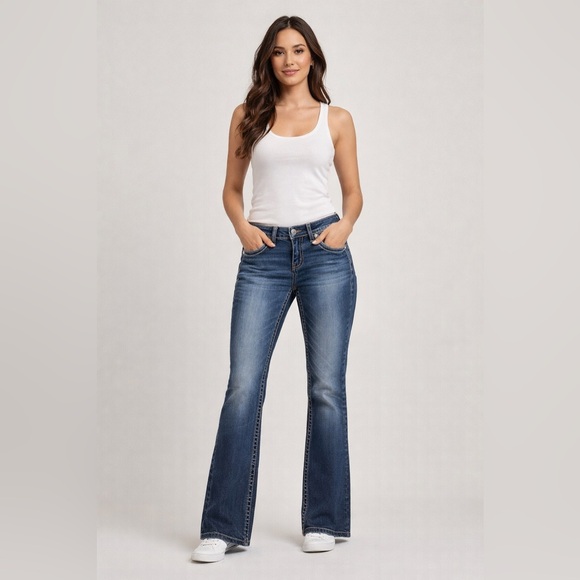 Miss Me Denim - Miss Me Bootcut Mid Rise Stretch Embroidered Studded Jeans Blue Medium Wash 27